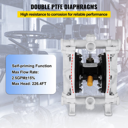 Air-Operated Double Diaphragm Pump, 1/2 in Inlet & Outlet, Polypropylene Body, 2.5 GPM & Max 80PSI, PTFE Diaphragm Pneumatic Transfer Pump for Petroleum, Diesel, Oil & Low Viscosity Fluids