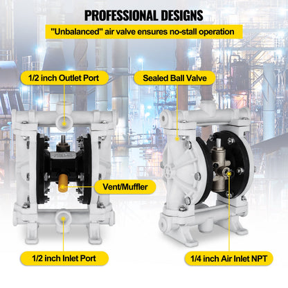 Air-Operated Double Diaphragm Pump, 1/2 in Inlet & Outlet, Polypropylene Body, 2.5 GPM & Max 80PSI, PTFE Diaphragm Pneumatic Transfer Pump for Petroleum, Diesel, Oil & Low Viscosity Fluids