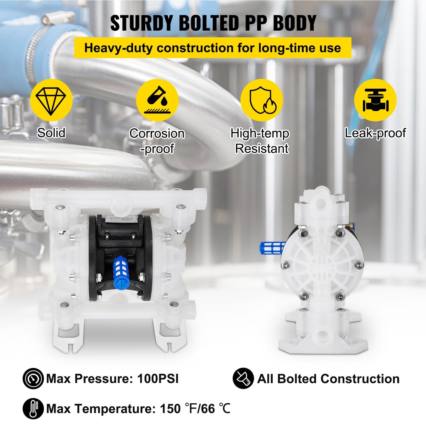 Air-Operated Double Diaphragm Pump, 1/2 in Inlet & Outlet, Polypropylene Body, 8.8 GPM & Max 120PSI, PTFE Diaphragm Pneumatic Transfer Pump for Petroleum, Diesel, Oil & Low Viscosity Fluids