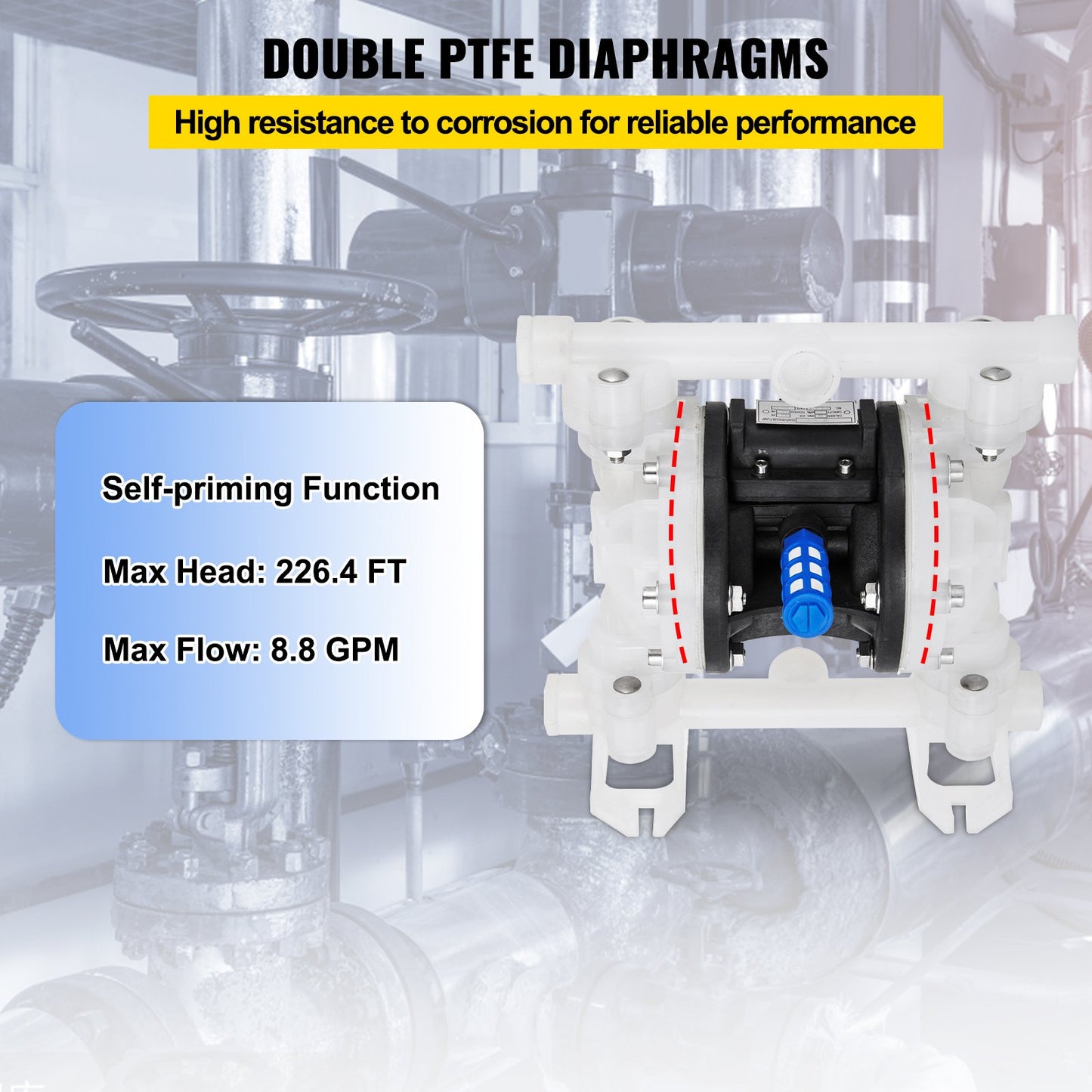 Air-Operated Double Diaphragm Pump, 1/2 in Inlet & Outlet, Polypropylene Body, 8.8 GPM & Max 120PSI, PTFE Diaphragm Pneumatic Transfer Pump for Petroleum, Diesel, Oil & Low Viscosity Fluids