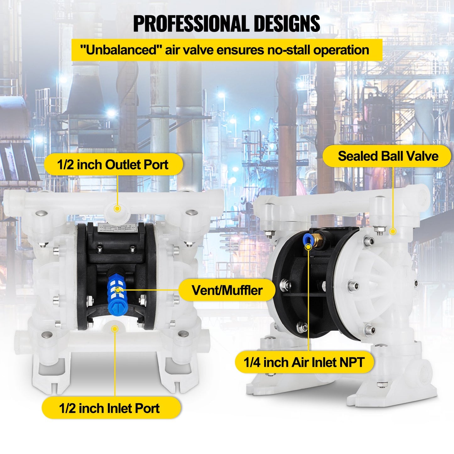 Air-Operated Double Diaphragm Pump, 1/2 in Inlet & Outlet, Polypropylene Body, 8.8 GPM & Max 120PSI, PTFE Diaphragm Pneumatic Transfer Pump for Petroleum, Diesel, Oil & Low Viscosity Fluids