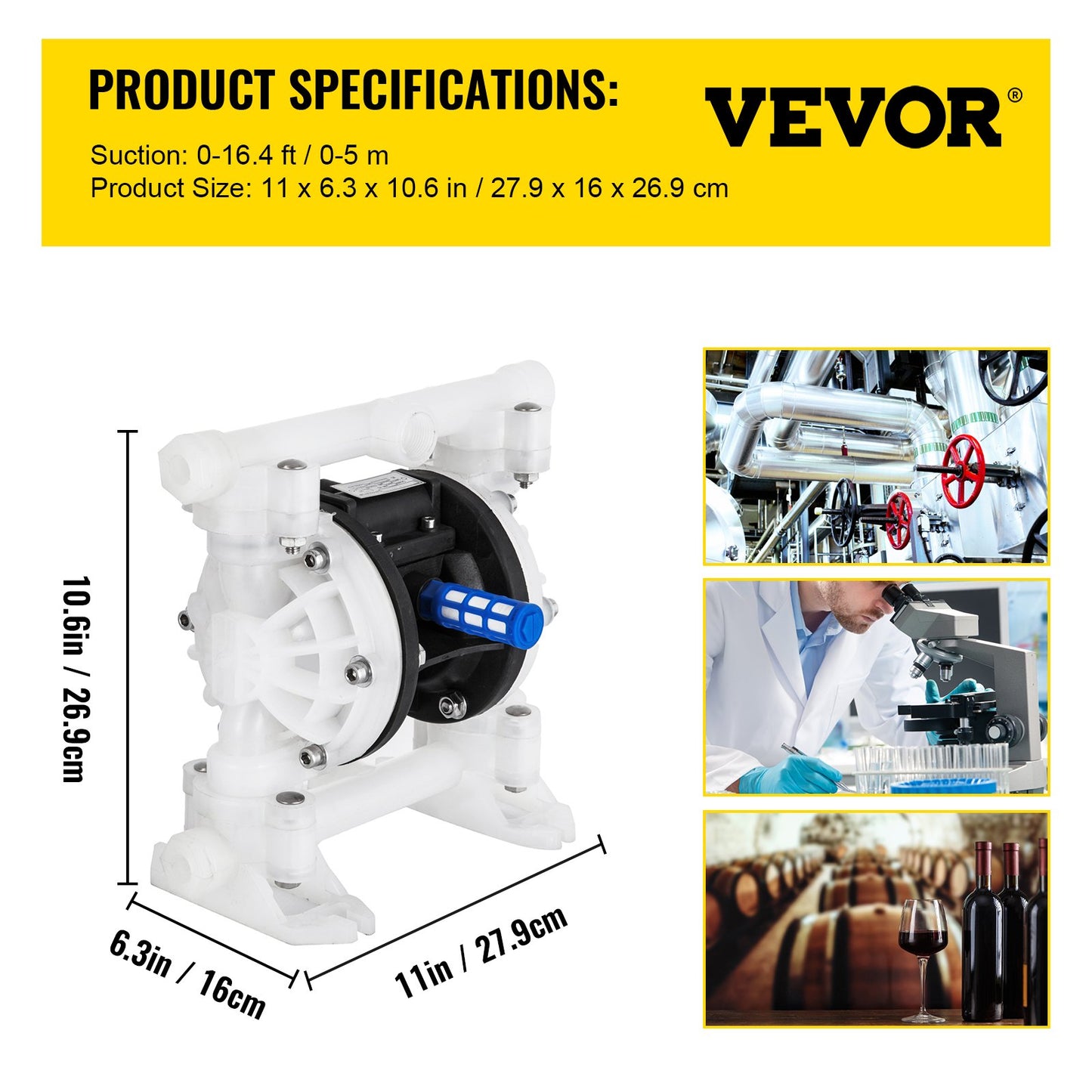 Air-Operated Double Diaphragm Pump, 1/2 in Inlet & Outlet, Polypropylene Body, 8.8 GPM & Max 120PSI, PTFE Diaphragm Pneumatic Transfer Pump for Petroleum, Diesel, Oil & Low Viscosity Fluids