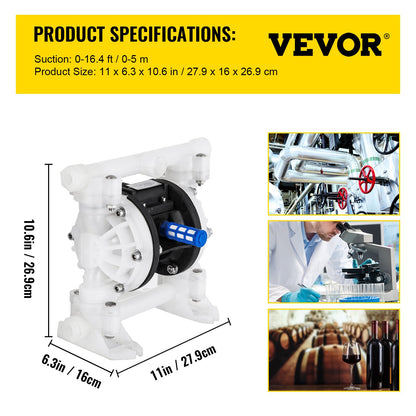 Air-Operated Double Diaphragm Pump, 1/2 in Inlet & Outlet, Polypropylene Body, 8.8 GPM & Max 120PSI, PTFE Diaphragm Pneumatic Transfer Pump for Petroleum, Diesel, Oil & Low Viscosity Fluids