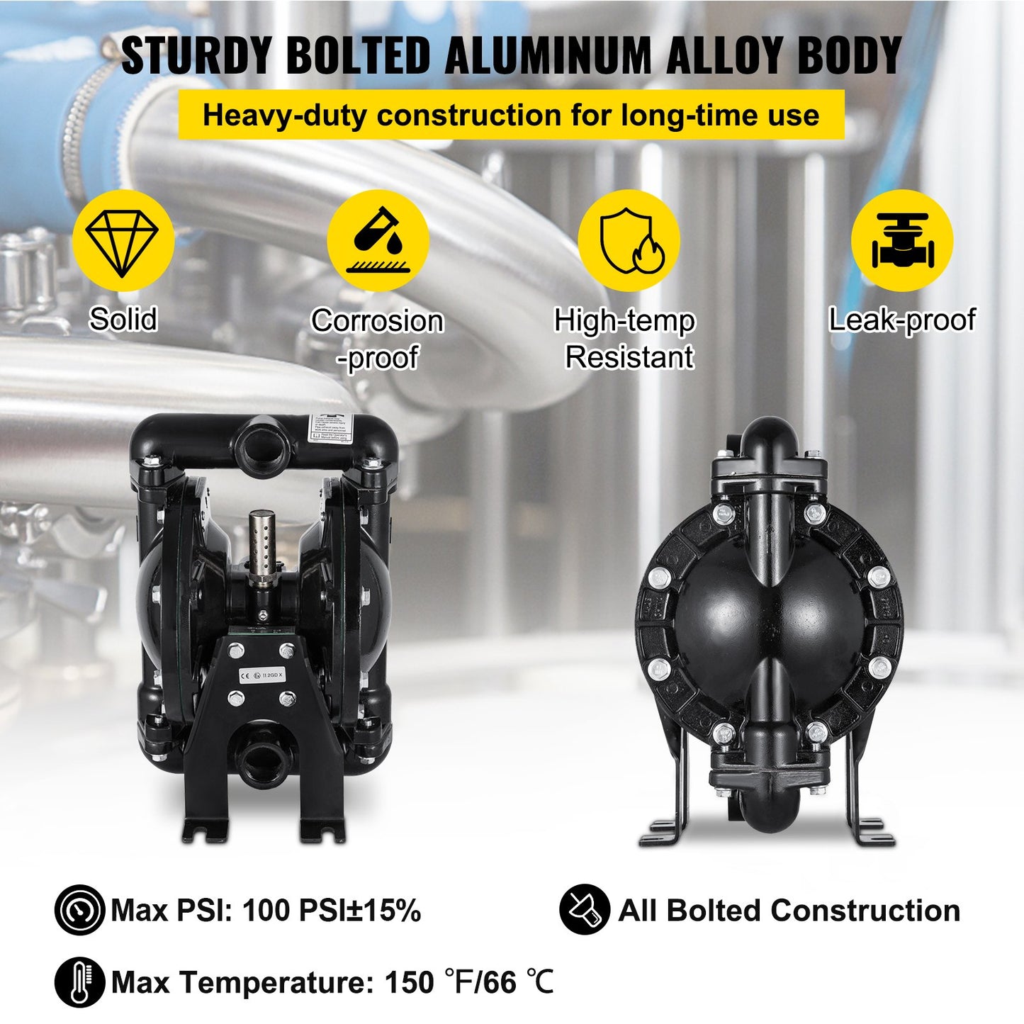 Air-Operated Double Diaphragm Pump 1 inch Inlet Outlet Aluminum 24 GPM Max 120PSI for Industrial Use