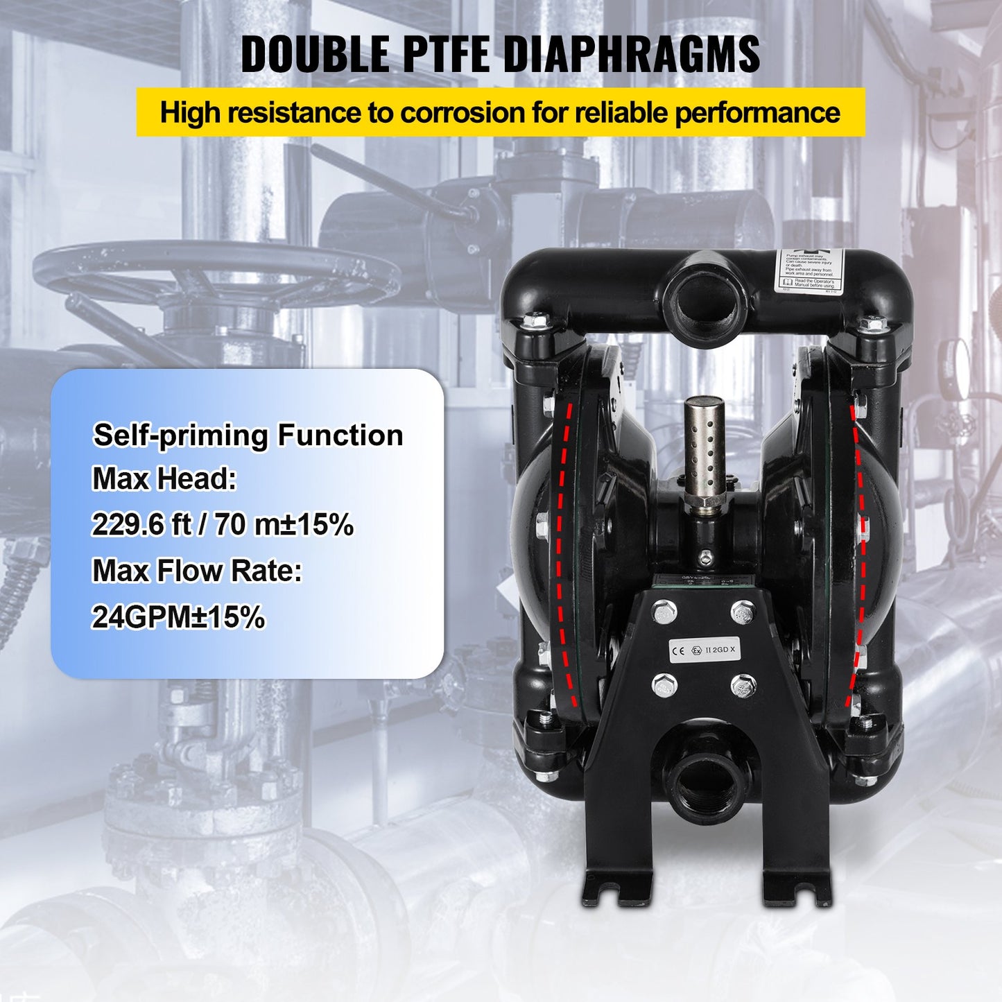 Air-Operated Double Diaphragm Pump 1 inch Inlet Outlet Aluminum 24 GPM Max 120PSI for Industrial Use
