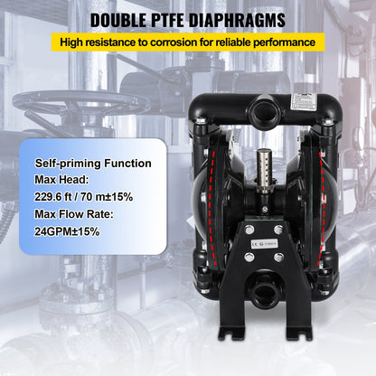 Air-Operated Double Diaphragm Pump 1 inch Inlet Outlet Aluminum 24 GPM Max 120PSI for Industrial Use