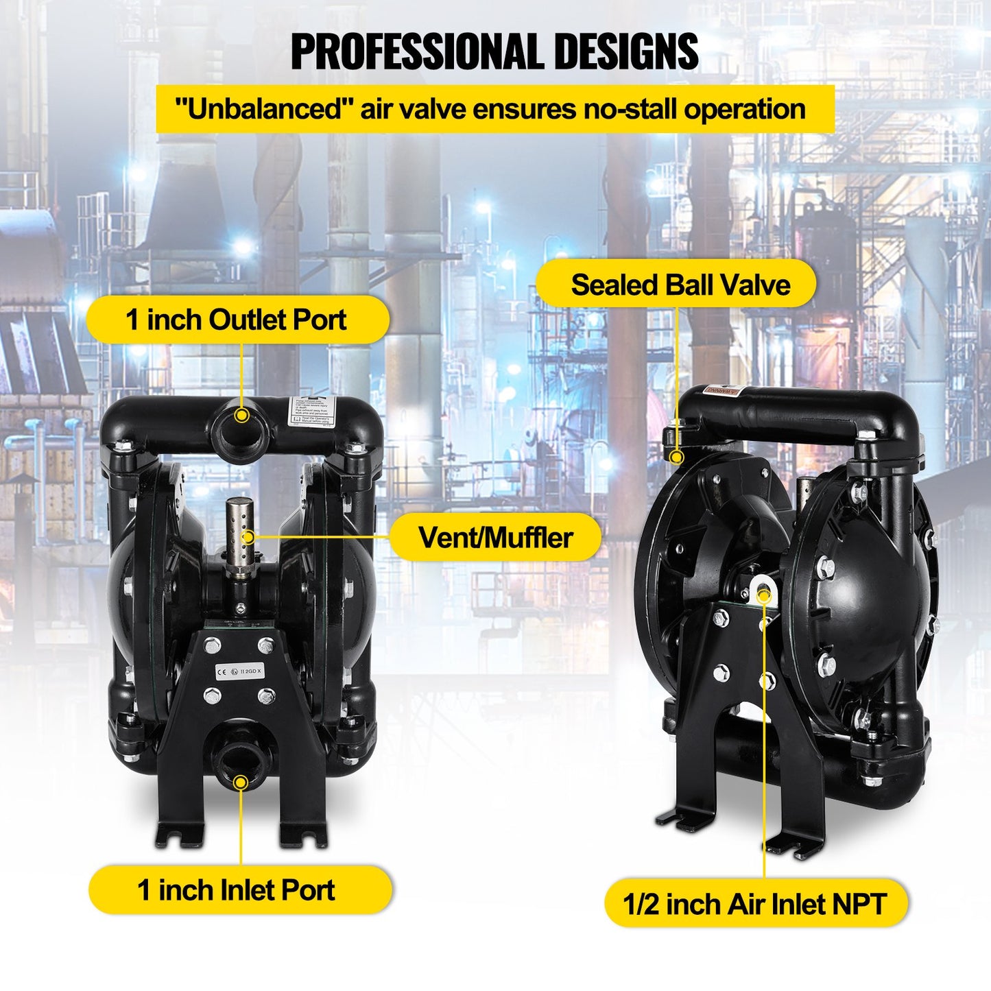 Air-Operated Double Diaphragm Pump 1 inch Inlet Outlet Aluminum 24 GPM Max 120PSI for Industrial Use