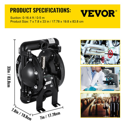 Air-Operated Double Diaphragm Pump 1 inch Inlet Outlet Aluminum 24 GPM Max 120PSI for Industrial Use