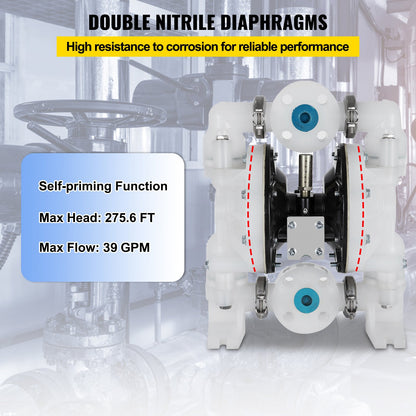 Air-Operated Double Diaphragm Pump 1 inch Inlet/Outlet 30GPM Polypropylene Max 120PSI for Chemical and Industrial Use