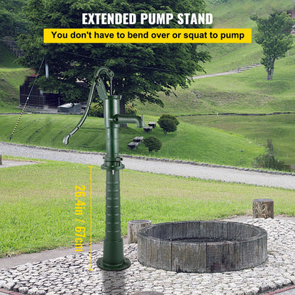 Hand Water Pump with Stand, 15.7 x 9.4 x 51.6 Inch Jug Pump and 26 Inch Pump Stand with Pre-Set 1/2" Holes for Easy Installation, Rustic Cast Iron Well Pump for Garden, Yard, Yard Irrigation, Green