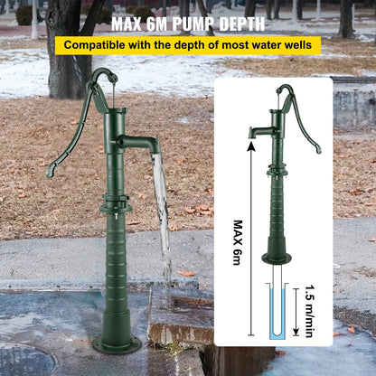 Hand Water Pump with Stand, 15.7 x 9.4 x 51.6 Inch Jug Pump and 26 Inch Pump Stand with Pre-Set 1/2" Holes for Easy Installation, Rustic Cast Iron Well Pump for Garden, Yard, Yard Irrigation, Green