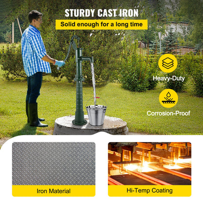 Hand Water Pump with Stand, 15.7 x 9.4 x 51.6 Inch Jug Pump and 26 Inch Pump Stand with Pre-Set 1/2" Holes for Easy Installation, Rustic Cast Iron Well Pump for Garden, Yard, Yard Irrigation, Green