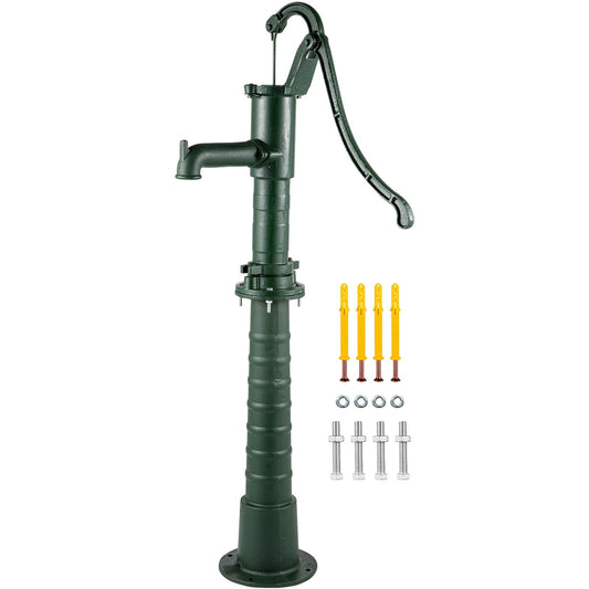 Hand Water Pump with Stand, 15.7 x 9.4 x 51.6 Inch Jug Pump and 26 Inch Pump Stand with Pre-Set 1/2" Holes for Easy Installation, Rustic Cast Iron Well Pump for Garden, Yard, Yard Irrigation, Green