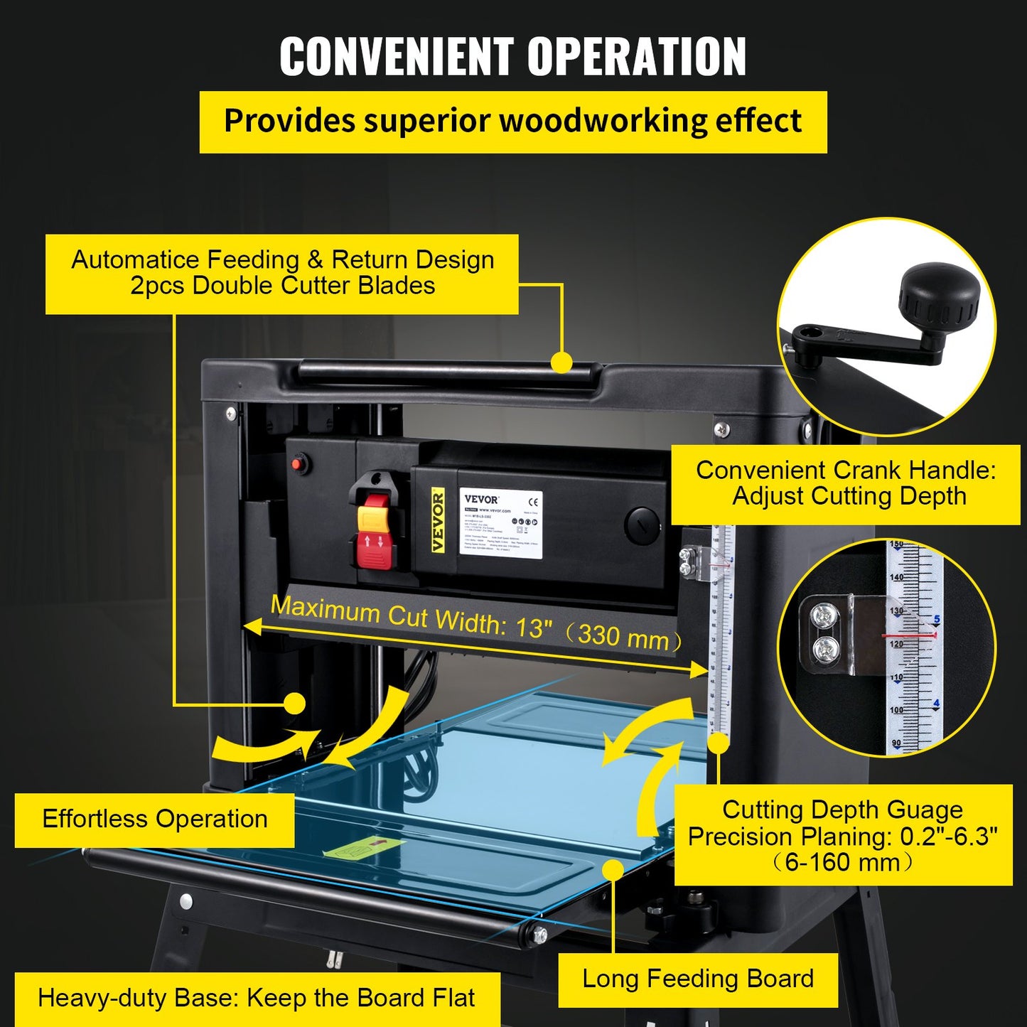 Thicknesser 13-inch Bench Planer 2000W Wood Planer 8000 rpm Wood Planer 10 AMP Wood Planer Foldable 6m/min Planing Speed with Iron Stand Dust Extractor for Woodworking Wood Plank