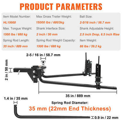 Weight Distribution Hitch, 1,500 lbs Weight Distributing Hitches Kit with Sway Control for Trailer, 2-In Solid Steel Shank, 2-5/16 in Alloy Steel Ball, Powder Coated Load Leveling Hitch, Black
