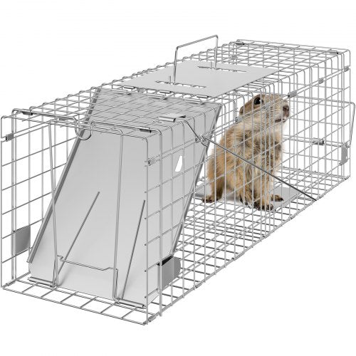 Live Animal Cage Trap, 24" x 8" x 8" Humane Cat Trap Galvanized Iron, Folding Animal Trap with Handle for Rabbits, Stray Cats, Squirrels, Raccoons, Groundhogs and Opossums