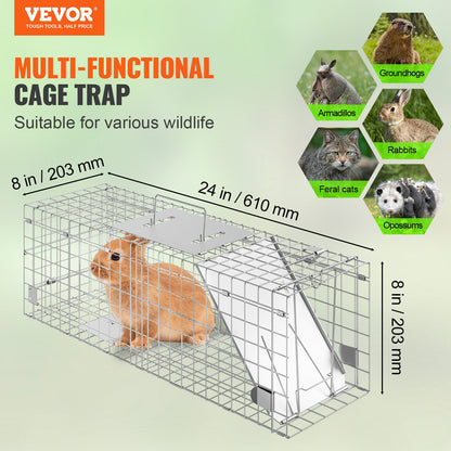 Live Animal Cage Trap, 24" x 8" x 8" Humane Cat Trap Galvanized Iron, Foldable Animal Trap with Handle for Rabbits, Stray Cats, Squirrels, Raccoons, Aardvarks and Opossums