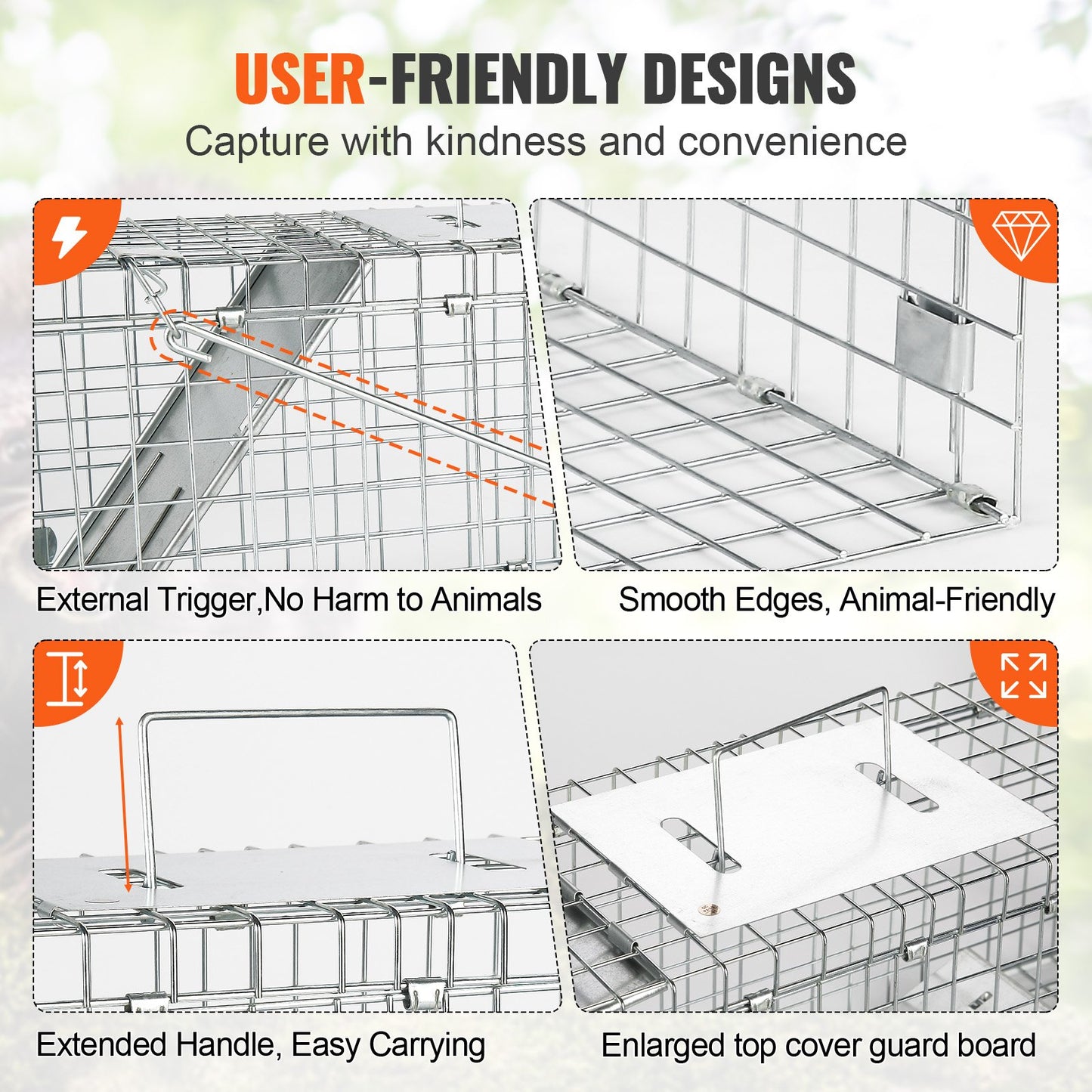 Live Animal Cage Trap, 24" x 8" x 8" Humane Cat Trap Galvanized Iron, Foldable Animal Trap with Handle for Rabbits, Stray Cats, Squirrels, Raccoons, Aardvarks and Opossums