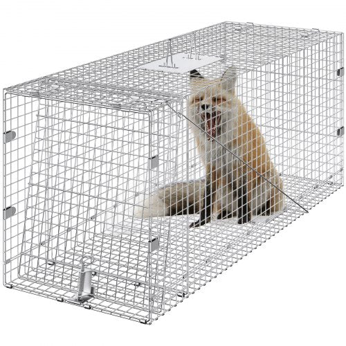 Live Animal Cage Trap, 42" x 16" x 18" Humane Cat Trap Galvanized Iron, Folding Animal Trap with Handle for Stray Dogs, Armadillos, Raccoons, Marmots, Foxes