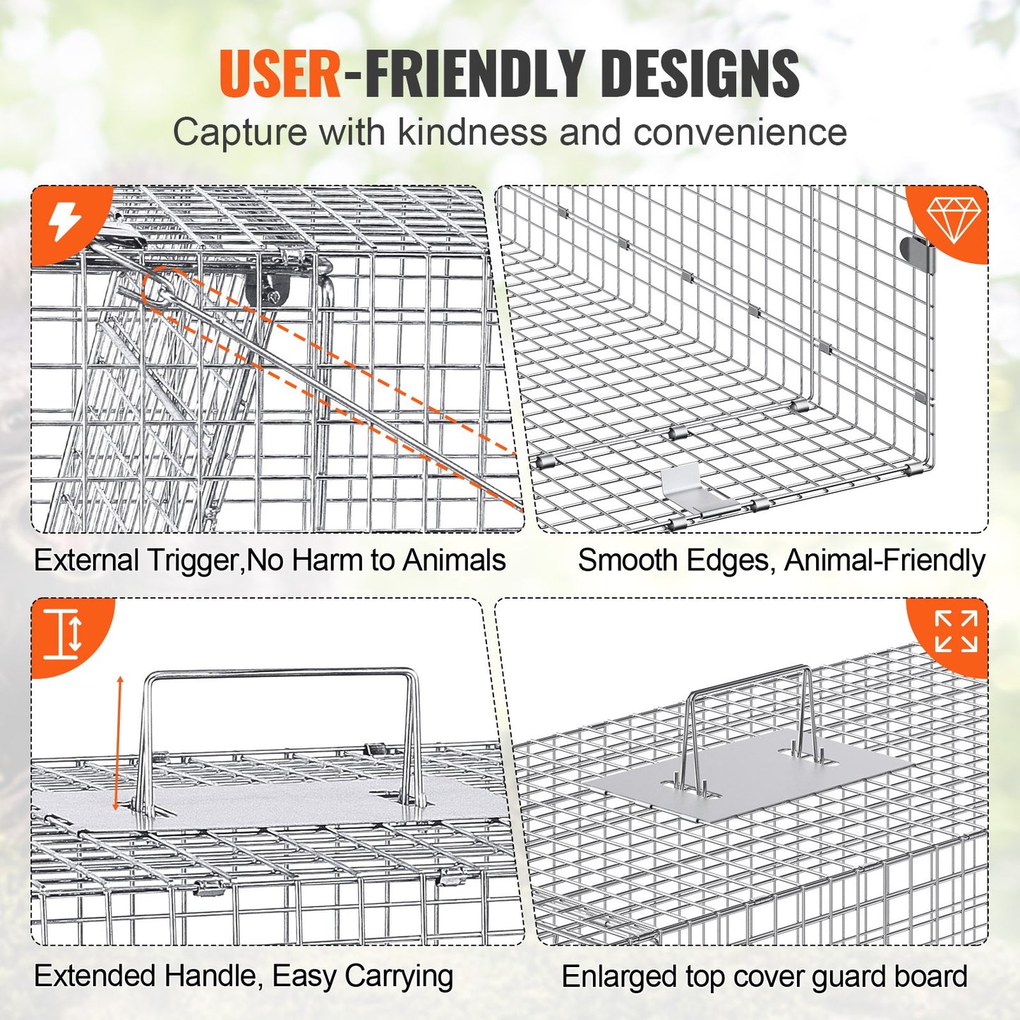 Live Animal Cage Trap, 42" x 16" x 18" Humane Cat Trap Galvanized Iron, Folding Animal Trap with Handle for Stray Dogs, Armadillos, Raccoons, Marmots, Foxes