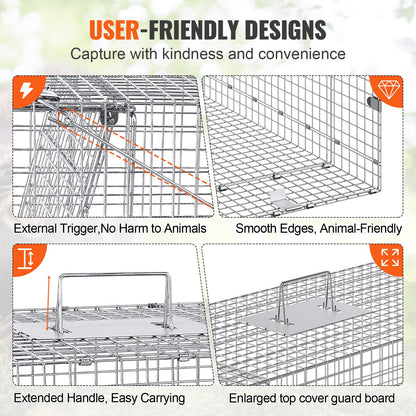 Live Animal Cage Trap, 42" x 16" x 18" Humane Cat Trap Galvanized Iron, Folding Animal Trap with Handle for Stray Dogs, Armadillos, Raccoons, Marmots, Foxes