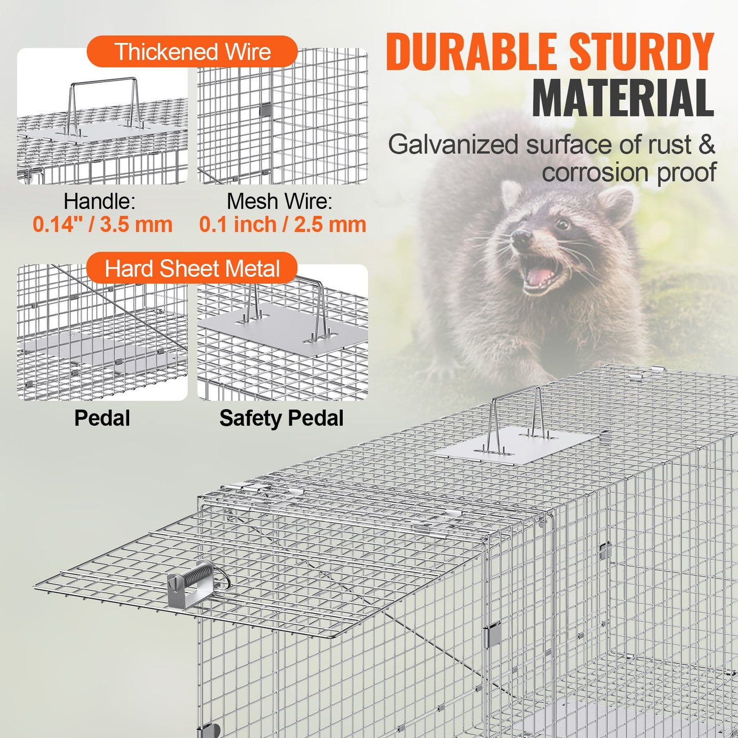 Live Animal Cage Trap, 42" x 16" x 18" Humane Cat Trap Galvanized Iron, Folding Animal Trap with Handle for Stray Dogs, Armadillos, Raccoons, Marmots, Foxes