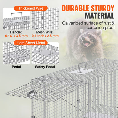 Live Animal Cage Trap, 42" x 16" x 18" Humane Cat Trap Galvanized Iron, Folding Animal Trap with Handle for Stray Dogs, Armadillos, Raccoons, Marmots, Foxes