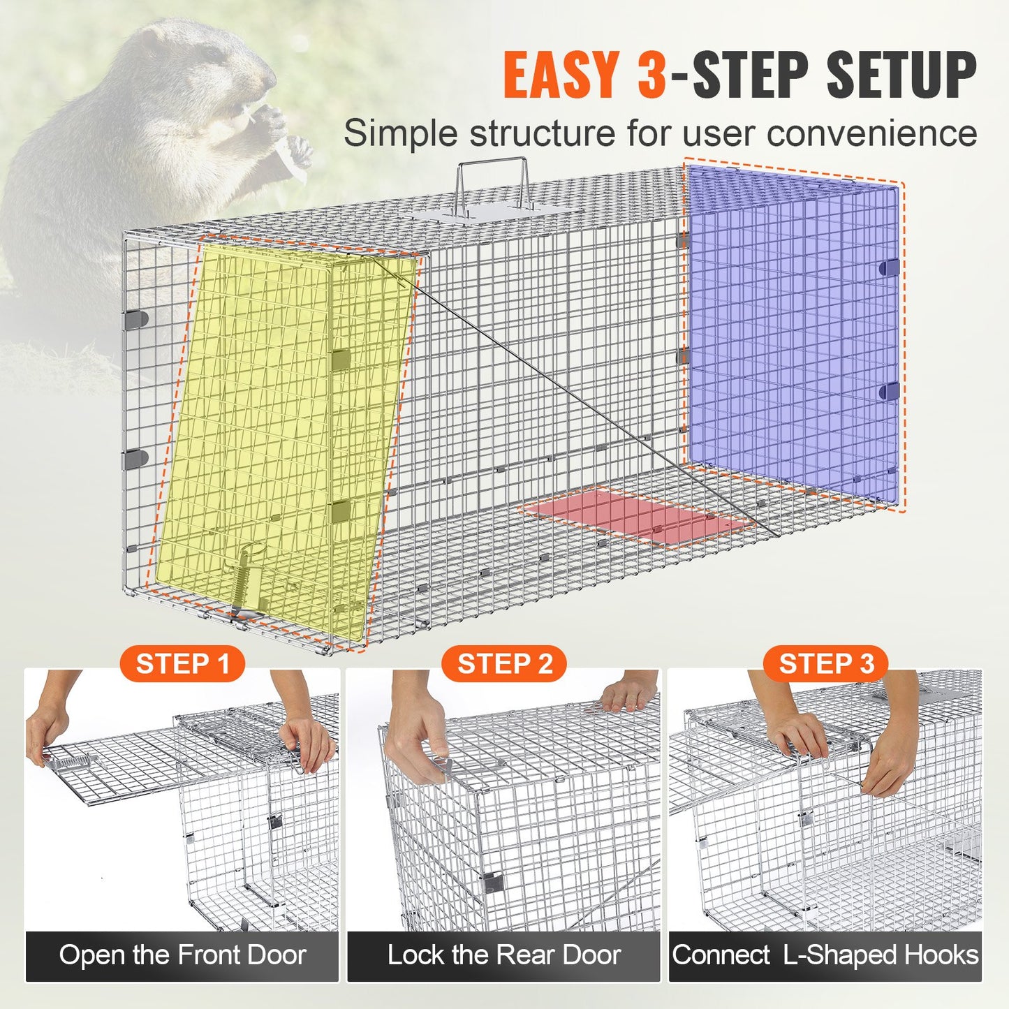 Live Animal Cage Trap, 42" x 16" x 18" Humane Cat Trap Galvanized Iron, Folding Animal Trap with Handle for Stray Dogs, Armadillos, Raccoons, Marmots, Foxes