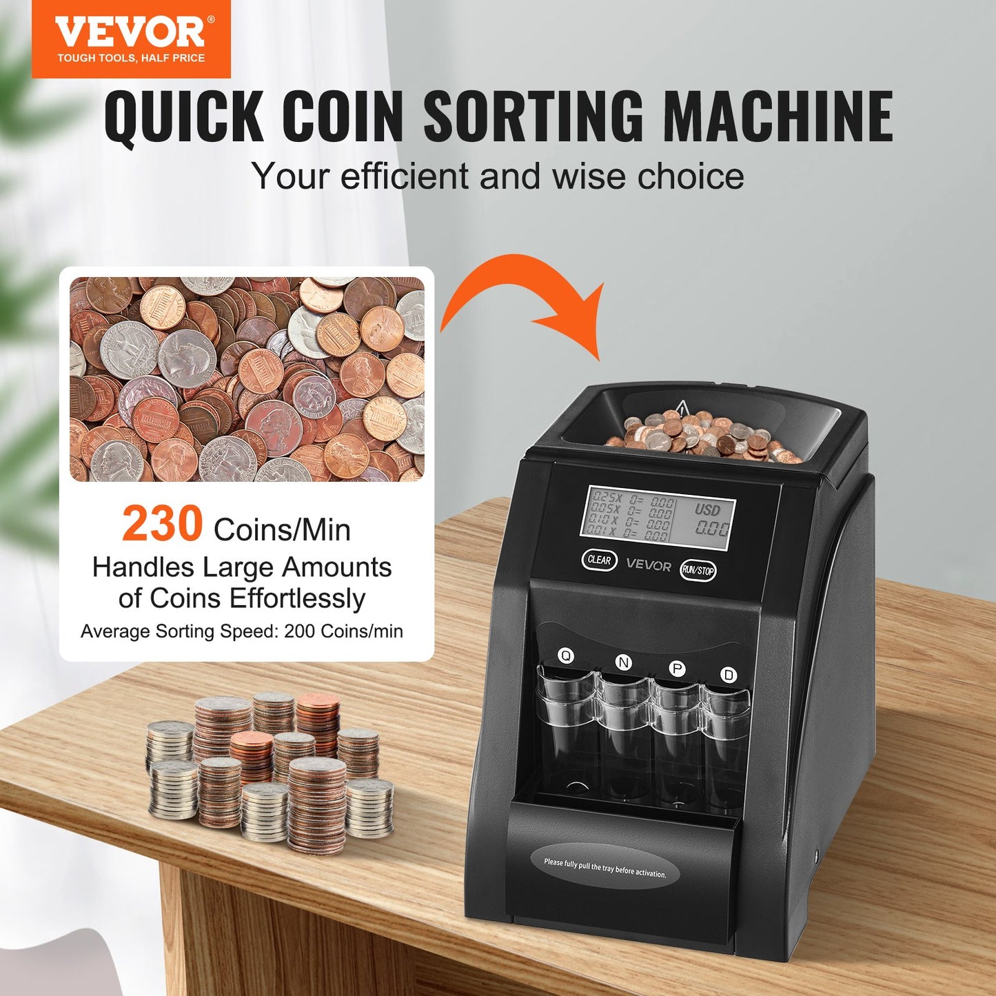 USD Coin Sorter, Coin Counter Machine for 4 Kinds of USD Coins, Coin Sorter and Wrapper Machine Holds up to 200 Coins, LCD Screen Display Coin Storage Included 4 Coin Tubes and Boxes