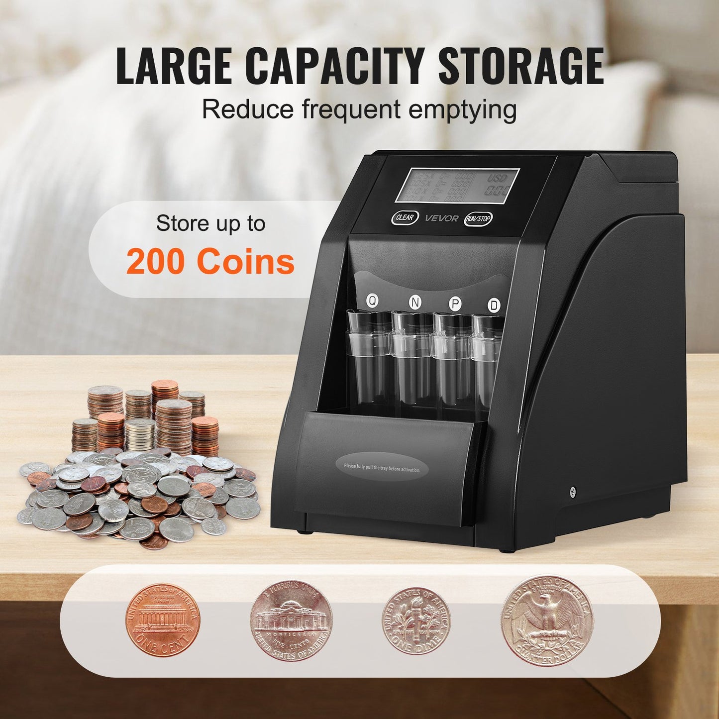 USD Coin Sorter, Coin Counter Machine for 4 Kinds of USD Coins, Coin Sorter and Wrapper Machine Holds up to 200 Coins, LCD Screen Display Coin Storage Included 4 Coin Tubes and Boxes