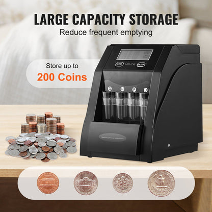 USD Coin Sorter, Coin Counter Machine for 4 Kinds of USD Coins, Coin Sorter and Wrapper Machine Holds up to 200 Coins, LCD Screen Display Coin Storage Included 4 Coin Tubes and Boxes