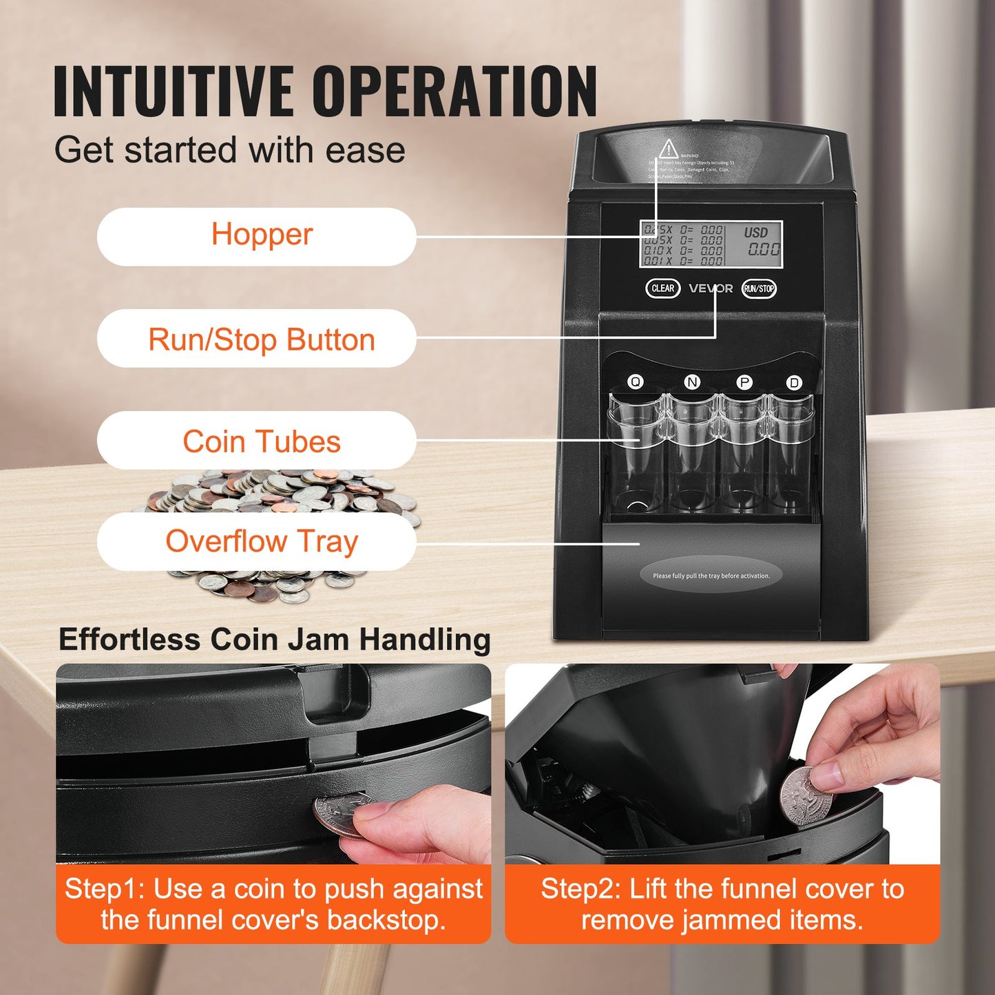 USD Coin Sorter, Coin Counter Machine for 4 Kinds of USD Coins, Coin Sorter and Wrapper Machine Holds up to 200 Coins, LCD Screen Display Coin Storage Included 4 Coin Tubes and Boxes