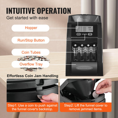 USD Coin Sorter, Coin Counter Machine for 4 Kinds of USD Coins, Coin Sorter and Wrapper Machine Holds up to 200 Coins, LCD Screen Display Coin Storage Included 4 Coin Tubes and Boxes