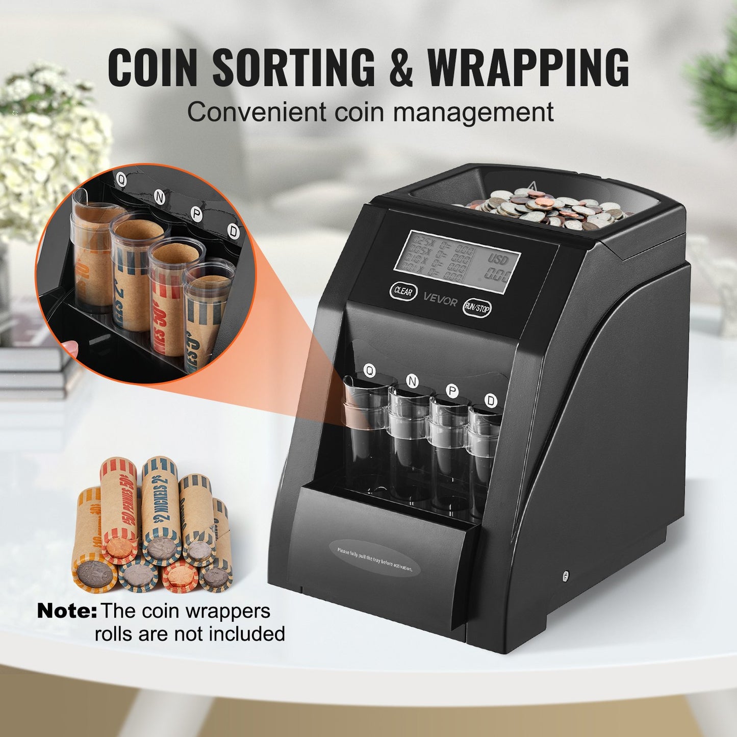 USD Coin Sorter, Coin Counter Machine for 4 Kinds of USD Coins, Coin Sorter and Wrapper Machine Holds up to 200 Coins, LCD Screen Display Coin Storage Included 4 Coin Tubes and Boxes