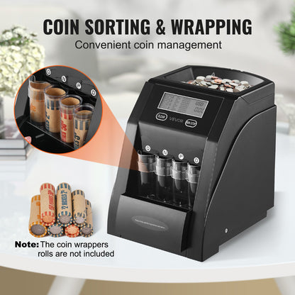 USD Coin Sorter, Coin Counter Machine for 4 Kinds of USD Coins, Coin Sorter and Wrapper Machine Holds up to 200 Coins, LCD Screen Display Coin Storage Included 4 Coin Tubes and Boxes