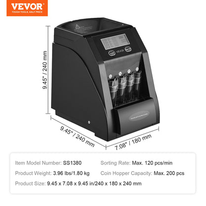 USD Coin Sorter, Coin Counter Machine for 4 Kinds of USD Coins, Coin Sorter and Wrapper Machine Holds up to 200 Coins, LCD Screen Display Coin Storage Included 4 Coin Tubes and Boxes