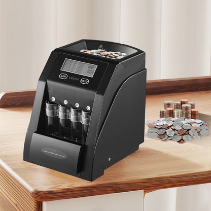 USD Coin Sorter, Coin Counter Machine for 4 Kinds of USD Coins, Coin Sorter and Wrapper Machine Holds up to 200 Coins, LCD Screen Display Coin Storage Included 4 Coin Tubes and Boxes