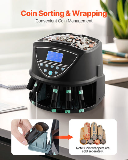 USD Coin Sorter, Coin Counter Machine for 5 Kinds of USD Coins, Coin Sorter and Wrapper Machine Holds up to 2000 Coins, Screen Display Coin Storage Included 5 Coin Tubes and Boxes