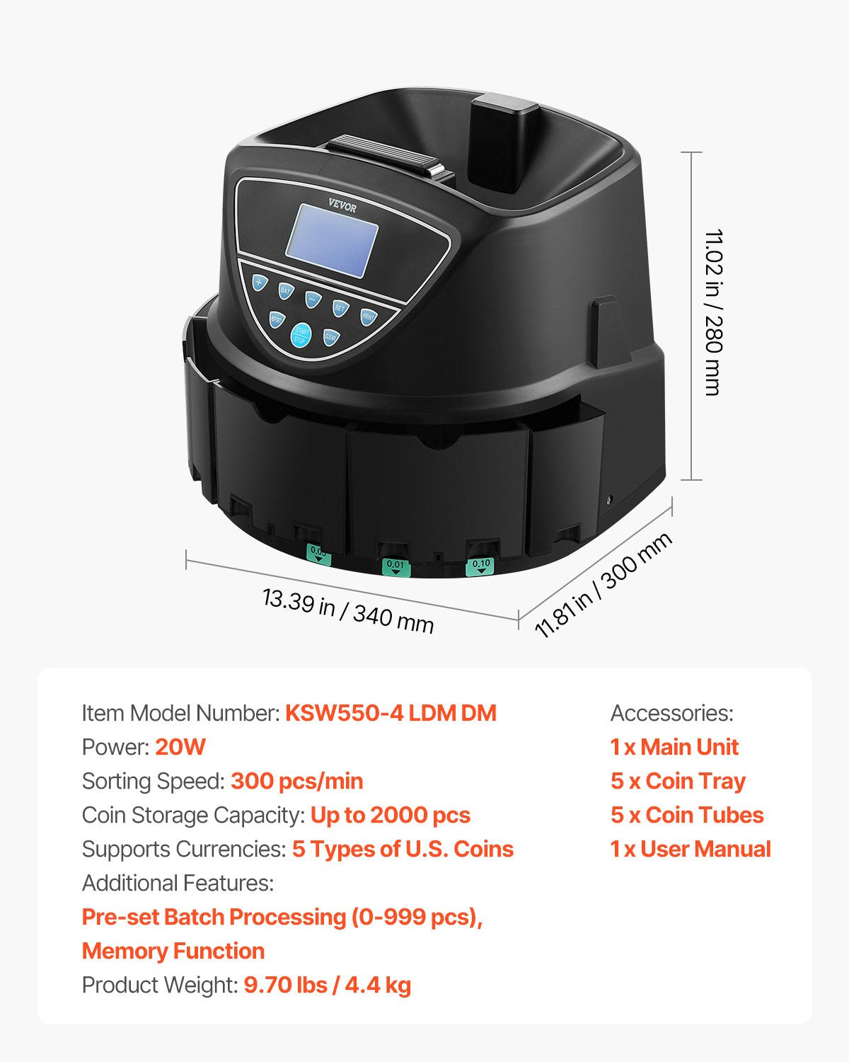 USD Coin Sorter, Coin Counter Machine for 5 Kinds of USD Coins, Coin Sorter and Wrapper Machine Holds up to 2000 Coins, Screen Display Coin Storage Included 5 Coin Tubes and Boxes