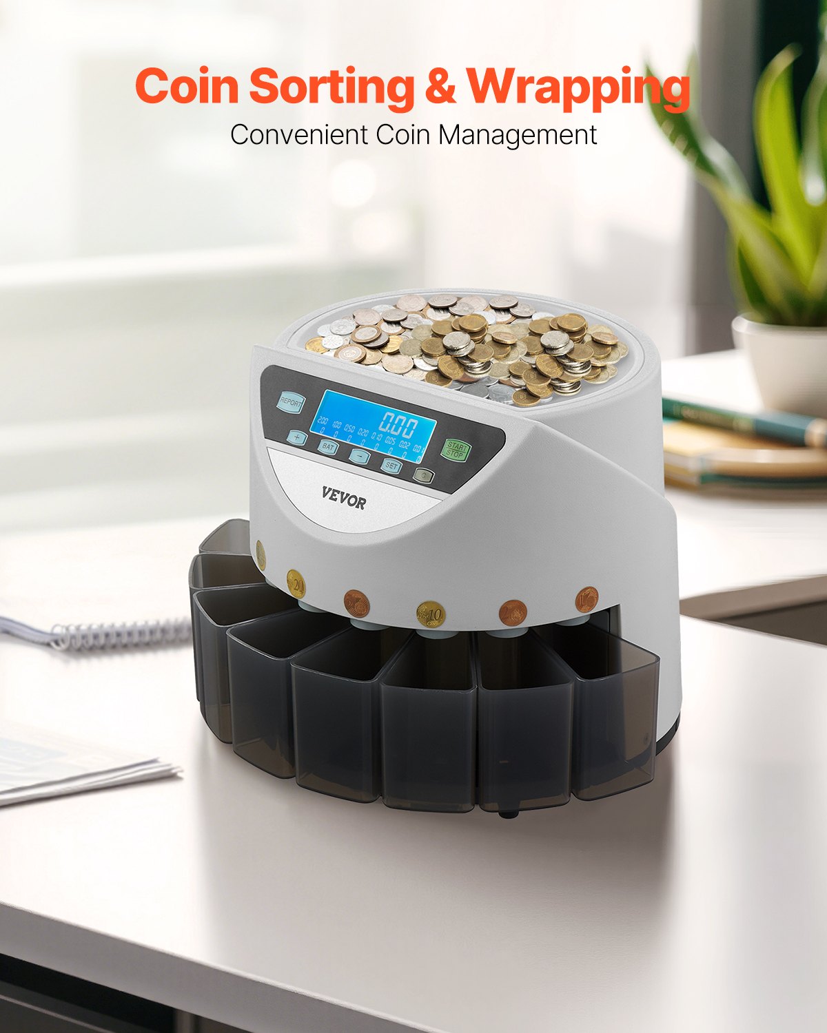 EURO Coin sorter with large LCD screen Holds up to 1500 coins 5 coin tubes