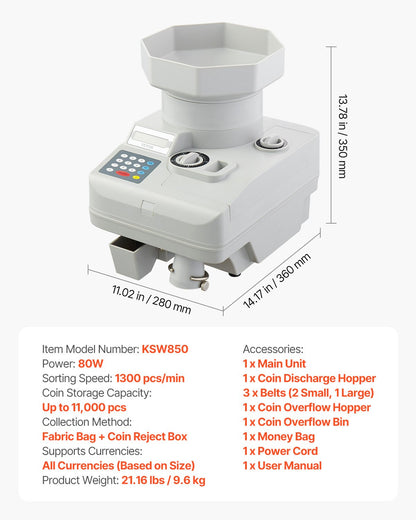 Mynträknare Professionell myntsorterare LED-skärm Rymmer upp till 11000 mynt