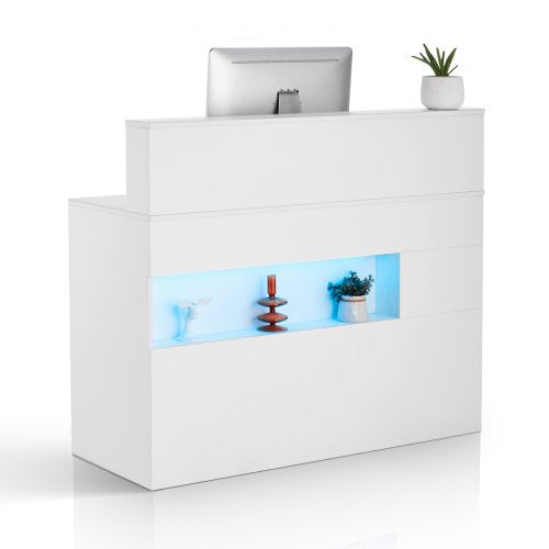 Reception Desk, 47 Inch Rectangular Front Counter Table, Office Reception Desk with LED Light, 2 Drawers and Power Outlets, for Checkout, Lobby, Beauty Salon and Office, White
