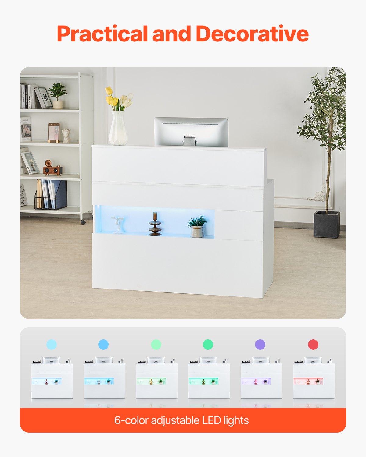 Reception Desk, 47 Inch Rectangular Front Counter Table, Office Reception Desk with LED Light, 2 Drawers and Power Outlets, for Checkout, Lobby, Beauty Salon and Office, White