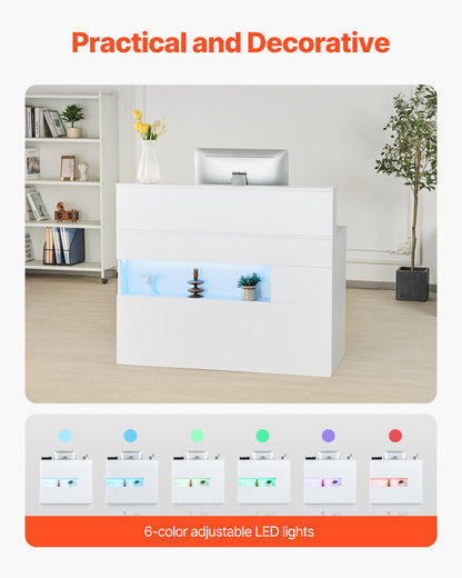 Reception Desk, 47 Inch Rectangular Front Counter Table, Office Reception Desk with LED Light, 2 Drawers and Power Outlets, for Checkout, Lobby, Beauty Salon and Office, White