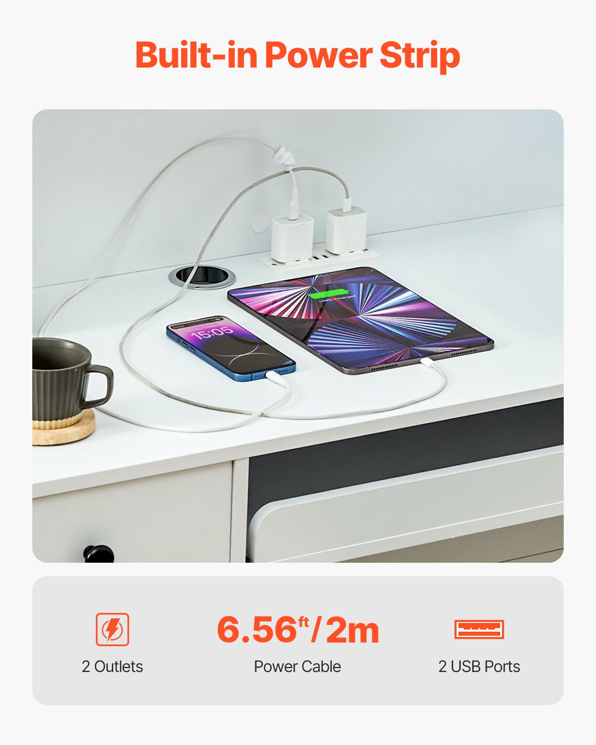 Reception Desk, 47 Inch Rectangular Front Counter Table, Office Reception Desk with LED Light, 2 Drawers and Power Outlets, for Checkout, Lobby, Beauty Salon and Office, White