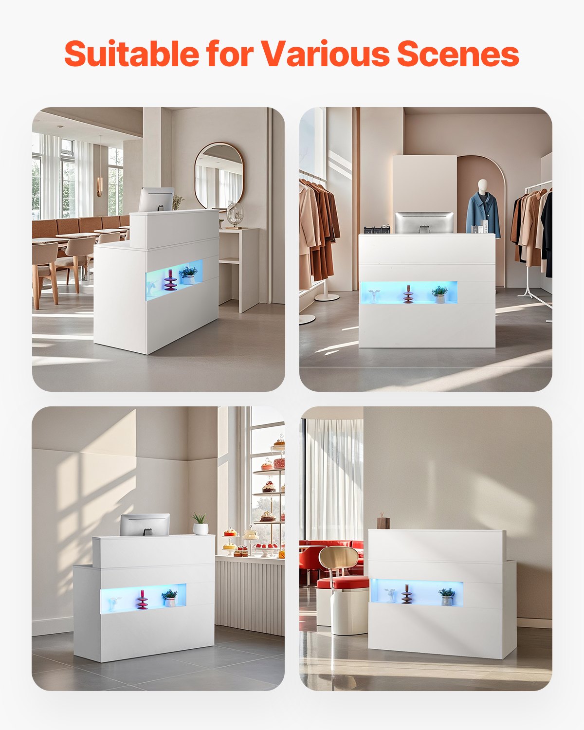 Reception Desk, 47 Inch Rectangular Front Counter Table, Office Reception Desk with LED Light, 2 Drawers and Power Outlets, for Checkout, Lobby, Beauty Salon and Office, White