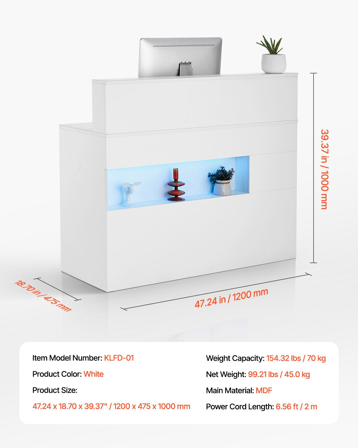 Reception Desk, 47 Inch Rectangular Front Counter Table, Office Reception Desk with LED Light, 2 Drawers and Power Outlets, for Checkout, Lobby, Beauty Salon and Office, White