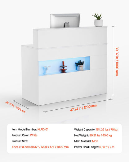 Reception Desk, 47 Inch Rectangular Front Counter Table, Office Reception Desk with LED Light, 2 Drawers and Power Outlets, for Checkout, Lobby, Beauty Salon and Office, White