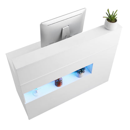 Reception Desk, 47 Inch Rectangular Front Counter Table, Office Reception Desk with LED Light, 2 Drawers and Power Outlets, for Checkout, Lobby, Beauty Salon and Office, White