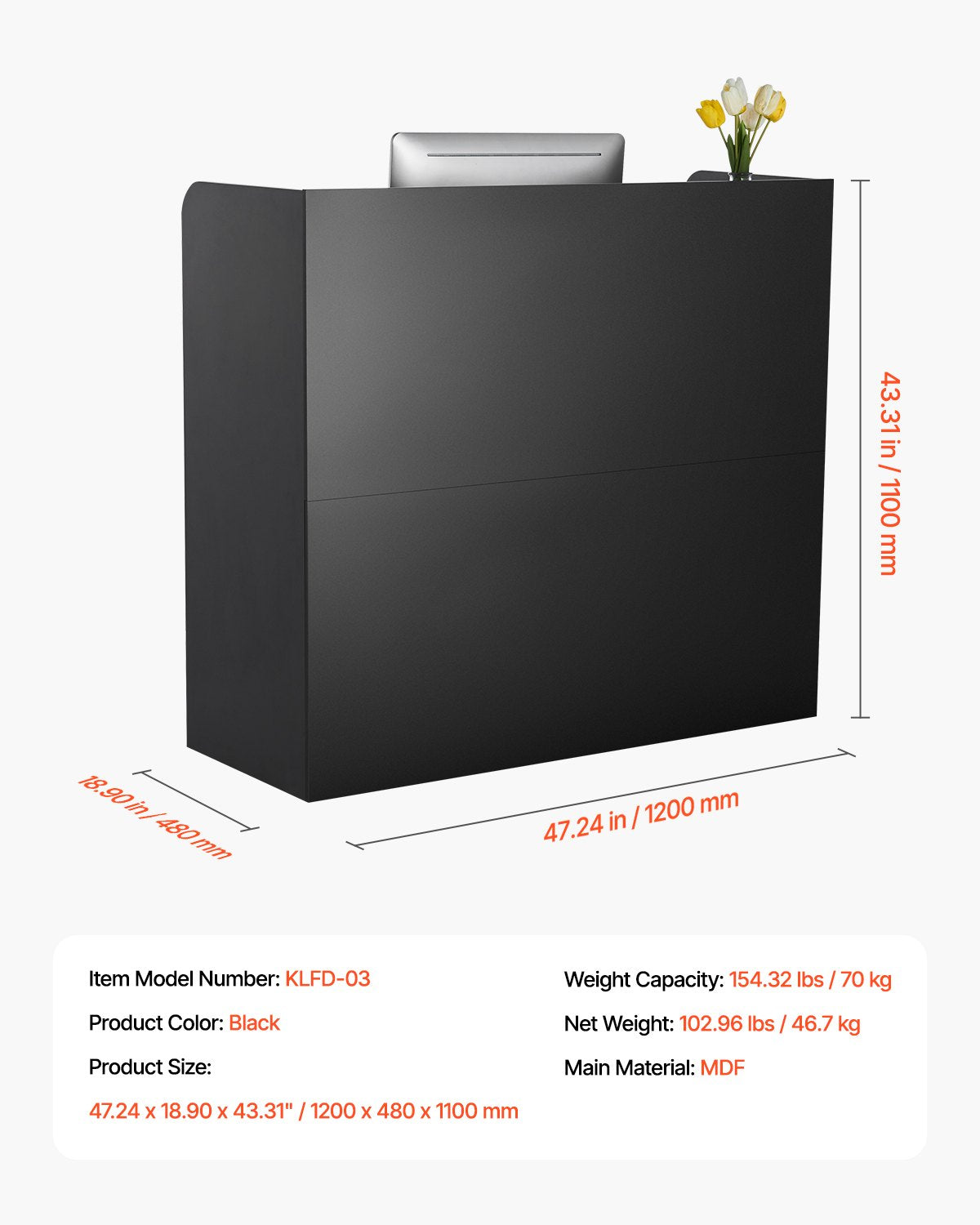 Reception Desk, 47 Inch Rectangular Front Counter Table, Office Reception Counter with Lockable Drawer and Storage Cabinet, for Checkout, Lobby, Beauty Salon and Office, Black